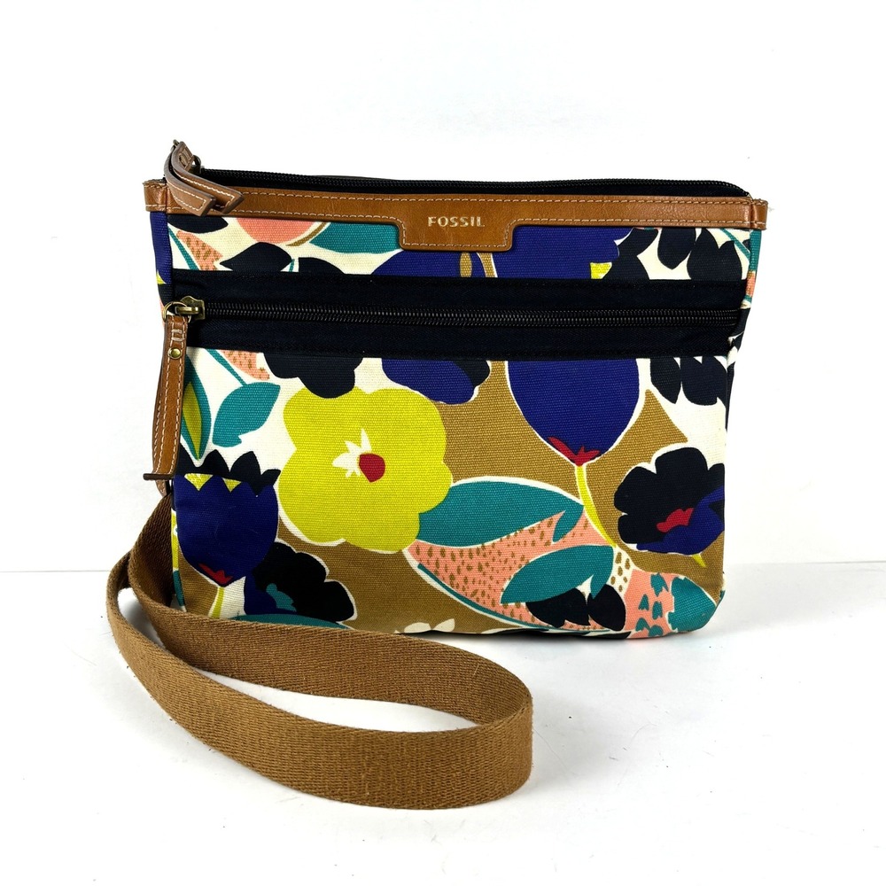 Fossil Eliza Bright Crossbody Ipad‎ Travel Friendly Bag Floral Print Brown Tan